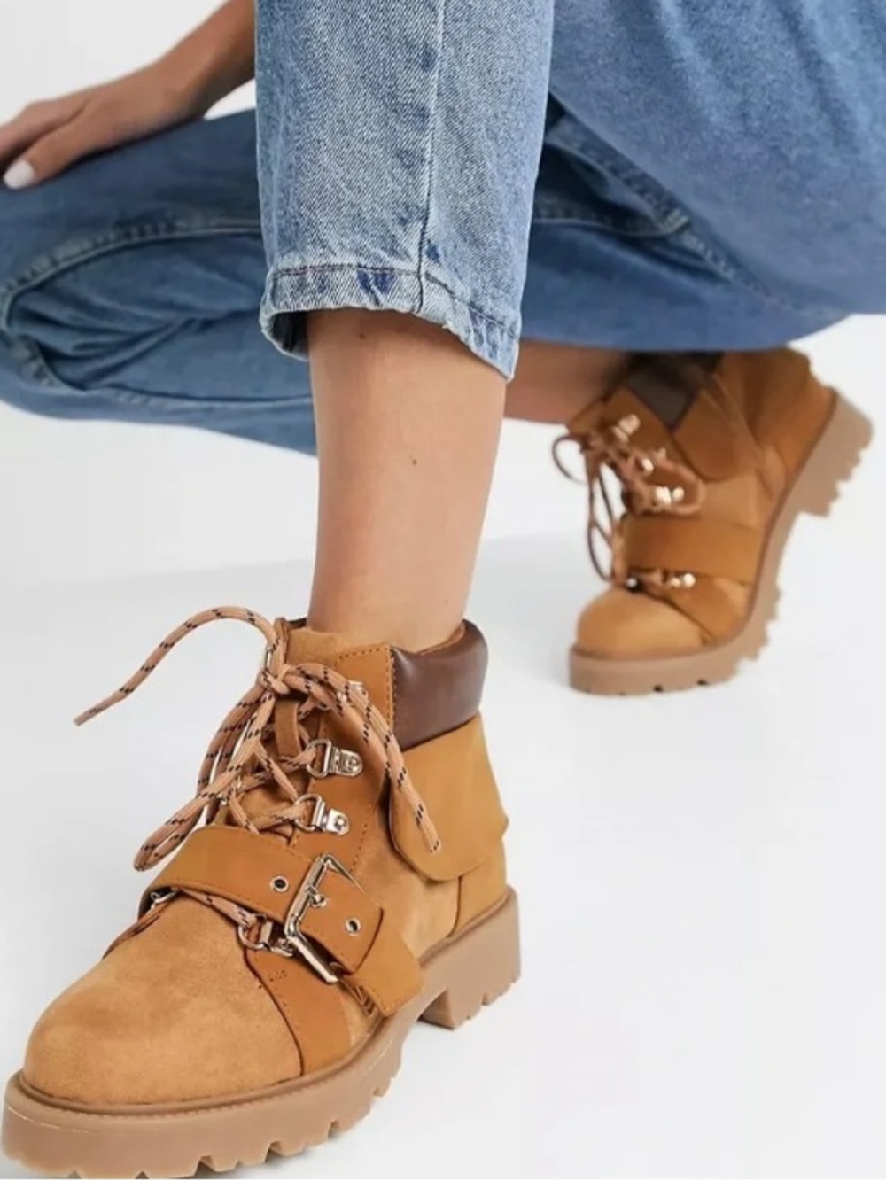 Tan Suede Lace-Up Ankle Boots with Buckle